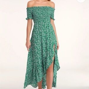 Lulu's Green Floral High-Low Off-Shoulder Dress